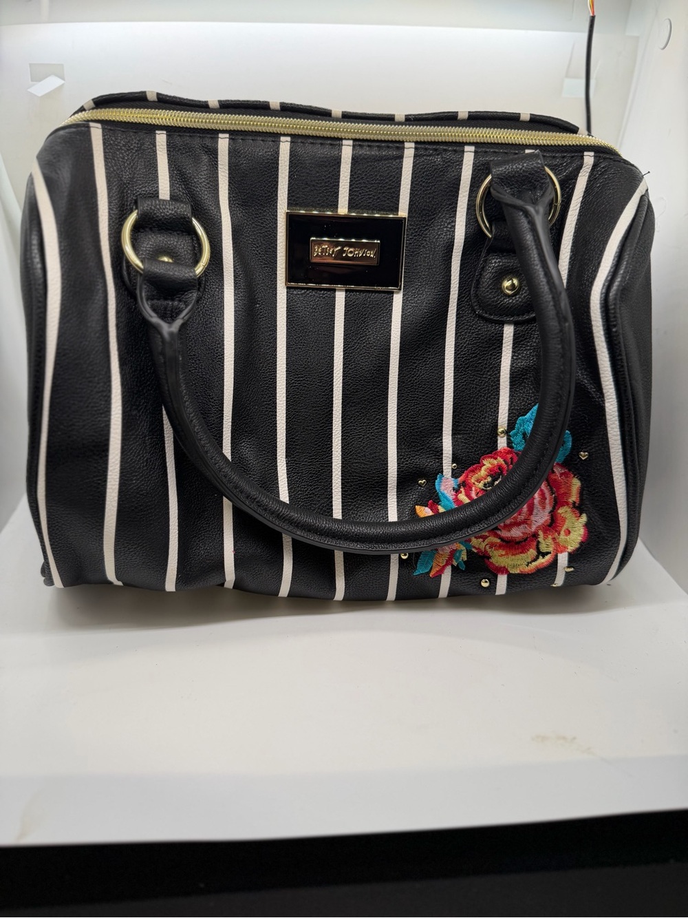 Betsey Johnson Black & White Striped Satchel with Floral Embroidery